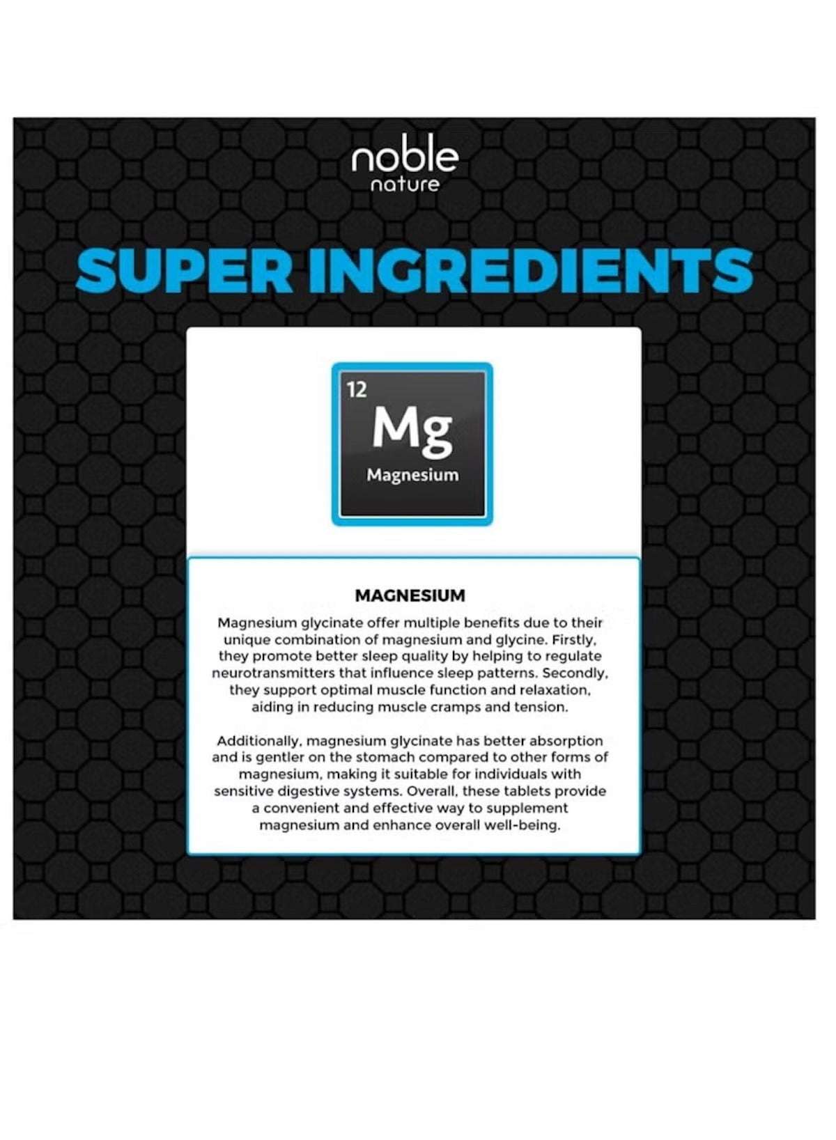 Noble Nature chelated magnesium glycinate 1500mg tablets information card highlighting health benefits Noble Nature chelated magnesium glycinate 1500mg tablets information card highlighting health benefits