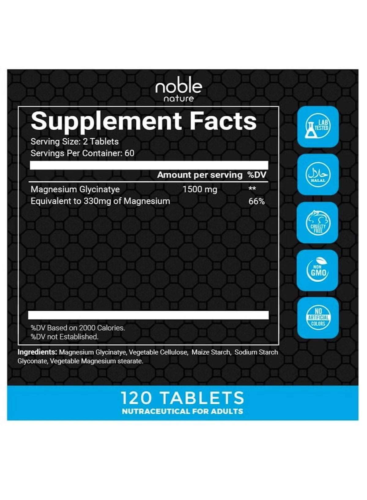 Noble Nature Chelated Magnesium Glycinate 1500mg Tablets Supplement Facts Label for Adults Noble Nature Chelated Magnesium Glycinate 1500mg Tablets Supplement Facts Label for Adults