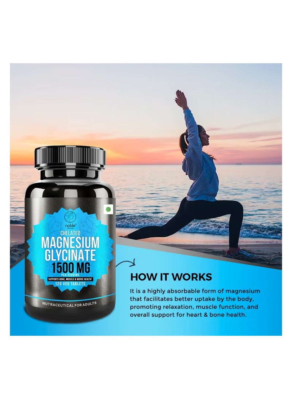 Chelated magnesium glycinate 1500mg tablets in a bottle with a person practicing yoga for health benefits Chelated magnesium glycinate 1500mg tablets in a bottle with a person practicing yoga for health benefits
