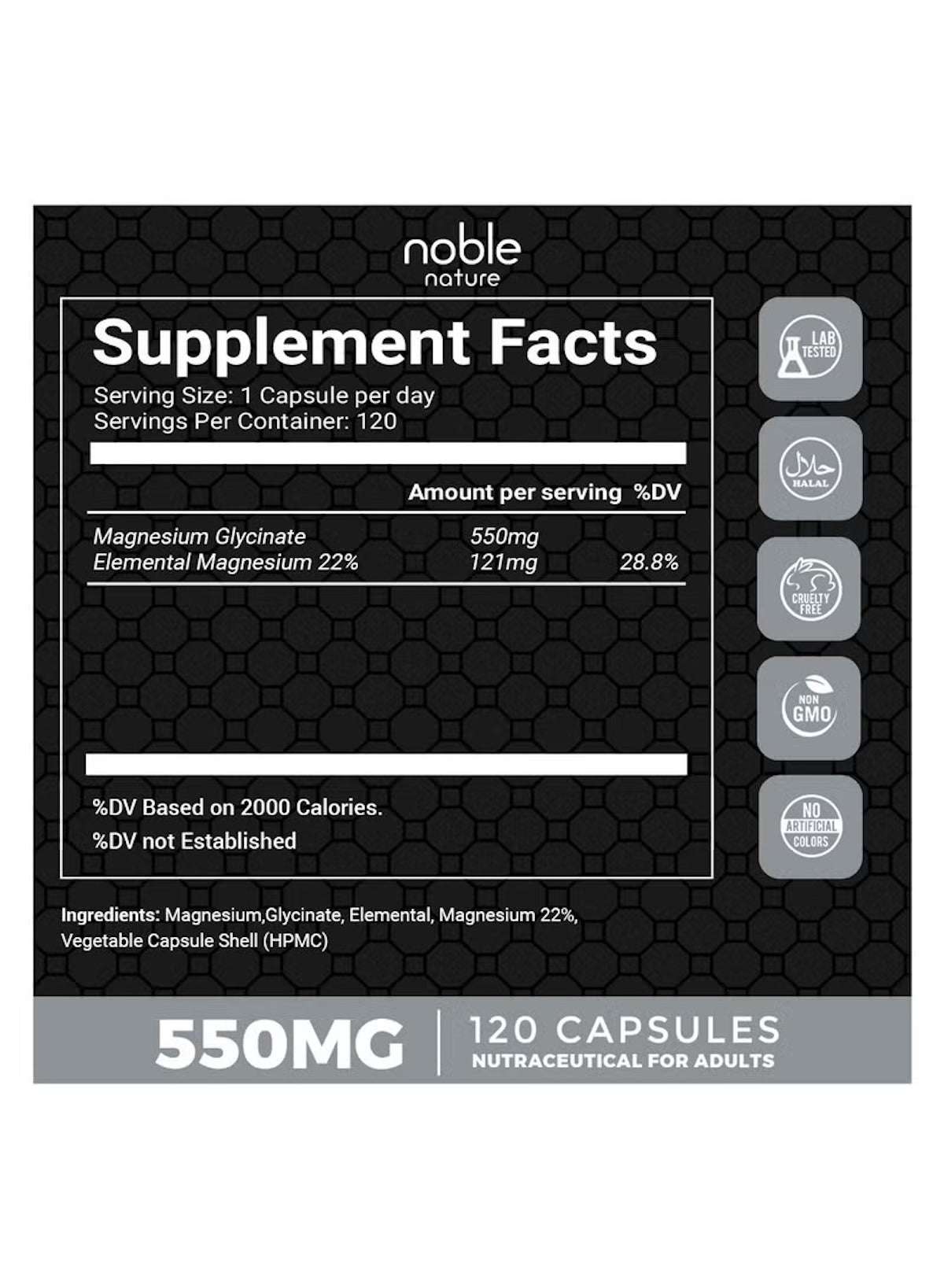 Noble Nature Magnesium Glycinate High Absorption Supplement Facts Label for 120 Capsules Noble Nature Magnesium Glycinate High Absorption Supplement Facts Label for 120 Capsules