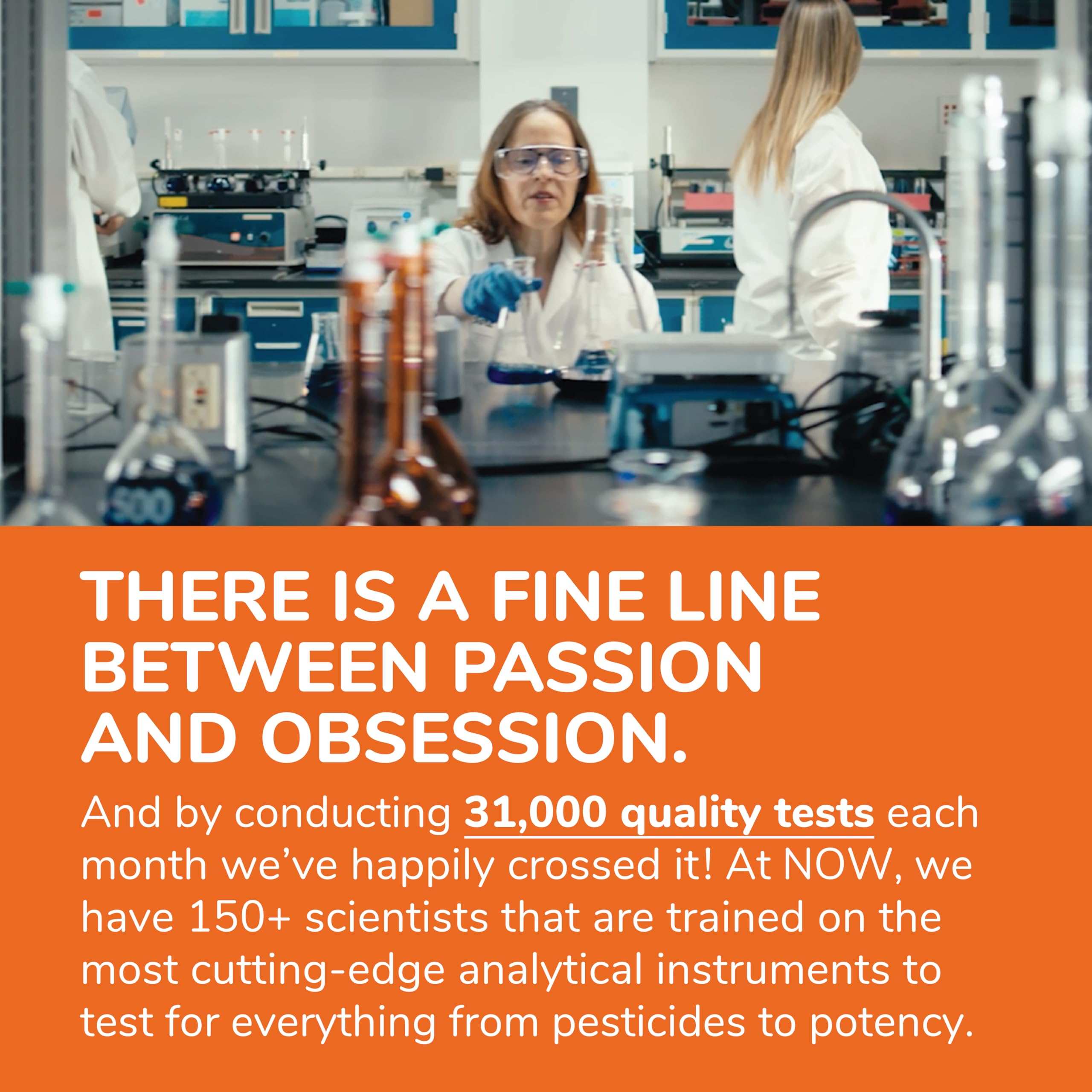 NOW laboratory scientists conducting quality tests with glassware and banner promoting choline and inositol supplements UAE NOW laboratory scientists conducting quality tests with glassware and banner promoting choline and inositol supplements UAE