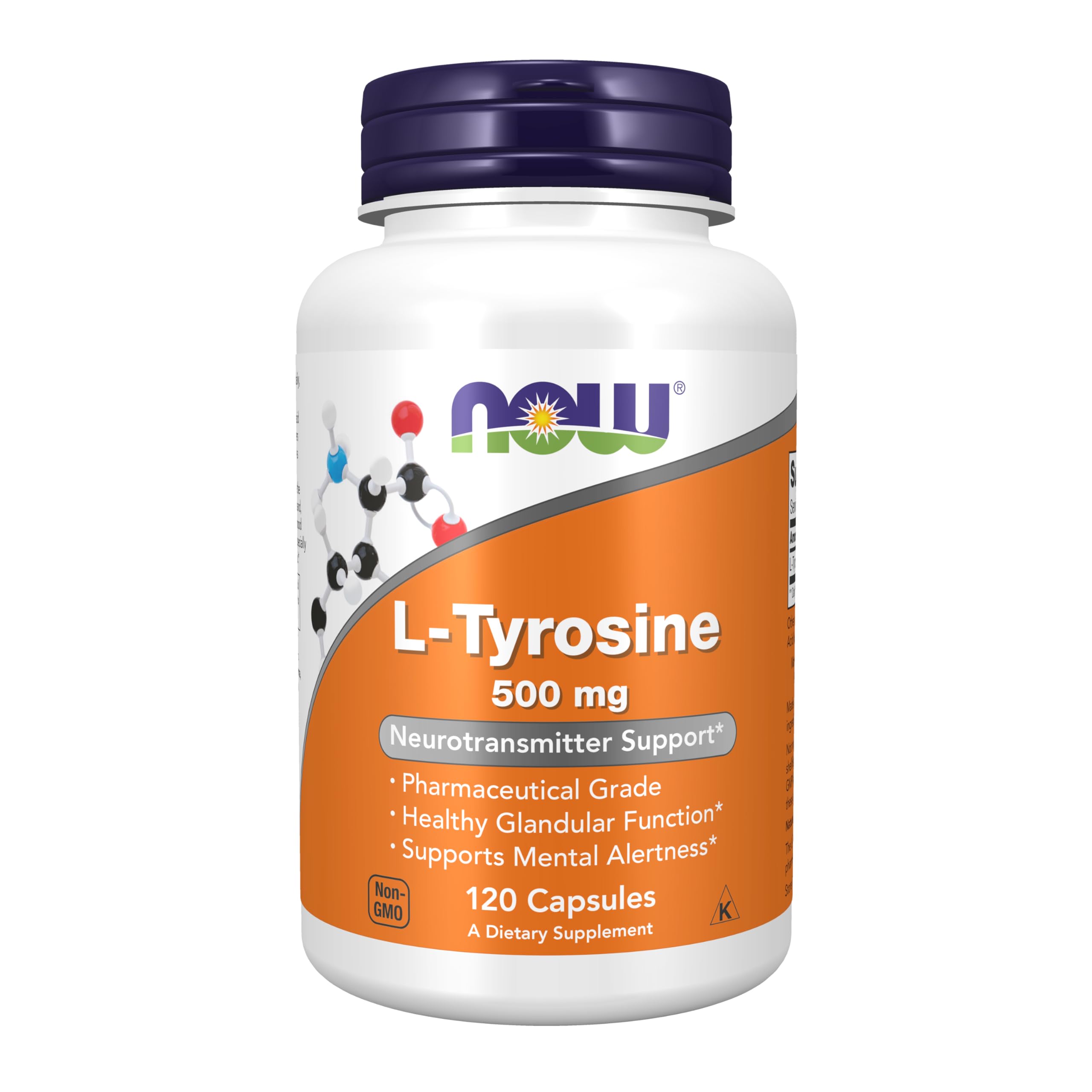 NOW L-Tyrosine 500mg capsules 120 count bottle orange label neurotransmitter support supplement NOW L-Tyrosine 500mg capsules 120 count bottle orange label neurotransmitter support supplement