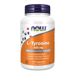 NOW L-Tyrosine 500mg capsules 120 count bottle orange label neurotransmitter support supplement NOW L-Tyrosine 500mg capsules 120 count bottle orange label neurotransmitter support supplement