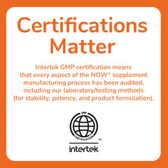 NOW supplement certification info graphic displaying Intertek GMP logo and text Certifications Matter L-Tyrosine 500mg capsules NOW supplement certification info graphic displaying Intertek GMP logo and text Certifications Matter L-Tyrosine 500mg capsules