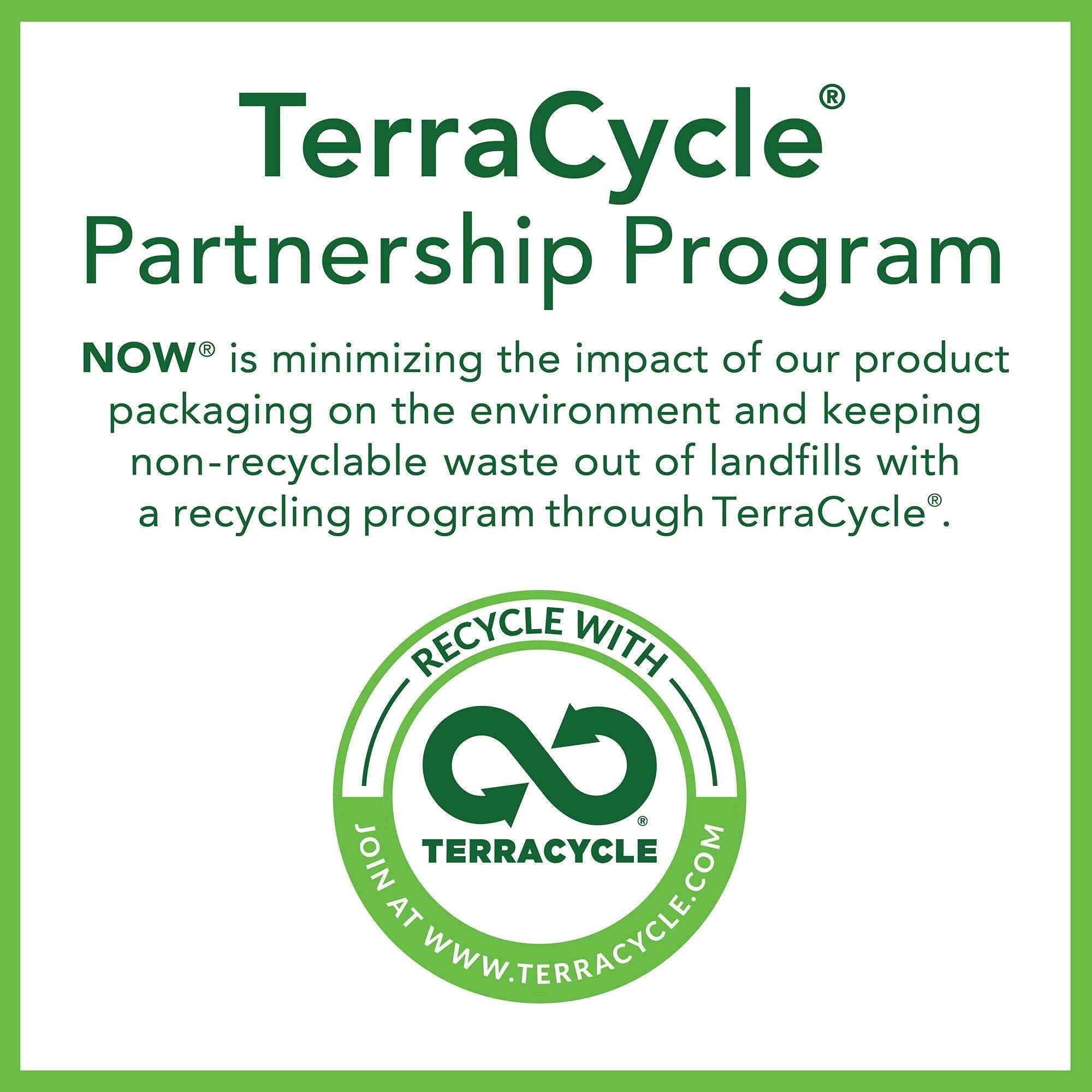 NOW TerraCycle partnership program recycling badge with green logo and psyllium husk powder UAE NOW TerraCycle partnership program recycling badge with green logo and psyllium husk powder UAE