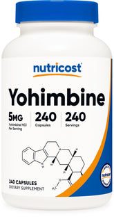Nutricost bottle of Yohimbine HCl 5mg supplement 240 capsules white bottle blue cap label with molecule art