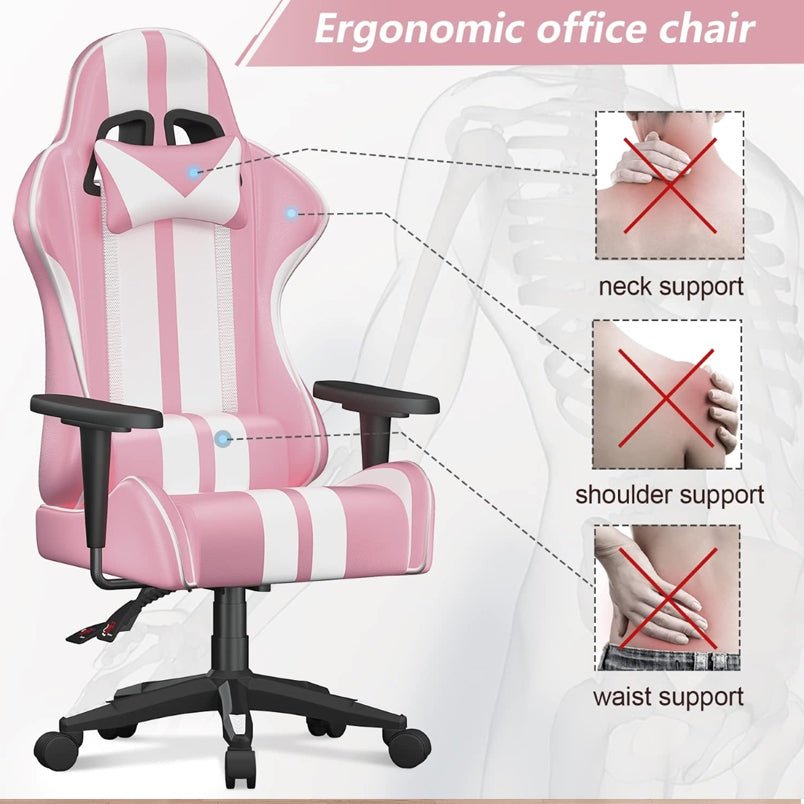 Huitich ergonomic pink and white office chair for long hours support with adjustable armrests and lumbar support Huitich ergonomic pink and white office chair for long hours support with adjustable armrests and lumbar support