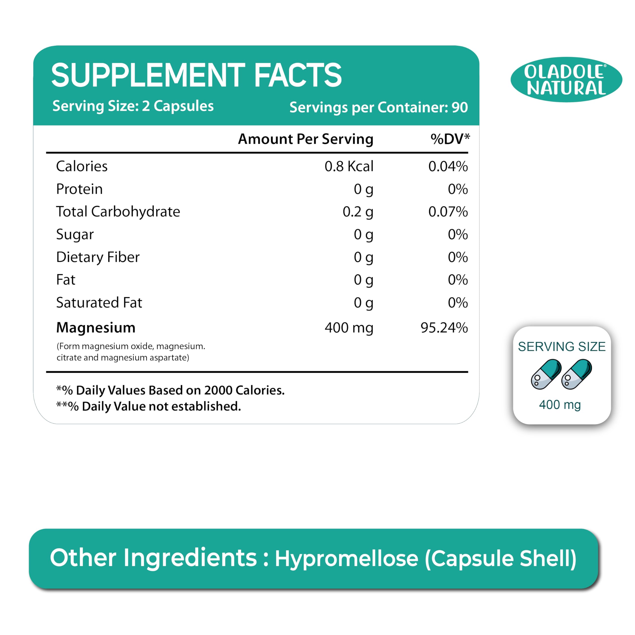 Oladole Natural supplement facts label showing magnesium 400mg supplement UAE serving 2 capsules and hypromellose shell Oladole Natural supplement facts label showing magnesium 400mg supplement UAE serving 2 capsules and hypromellose shell