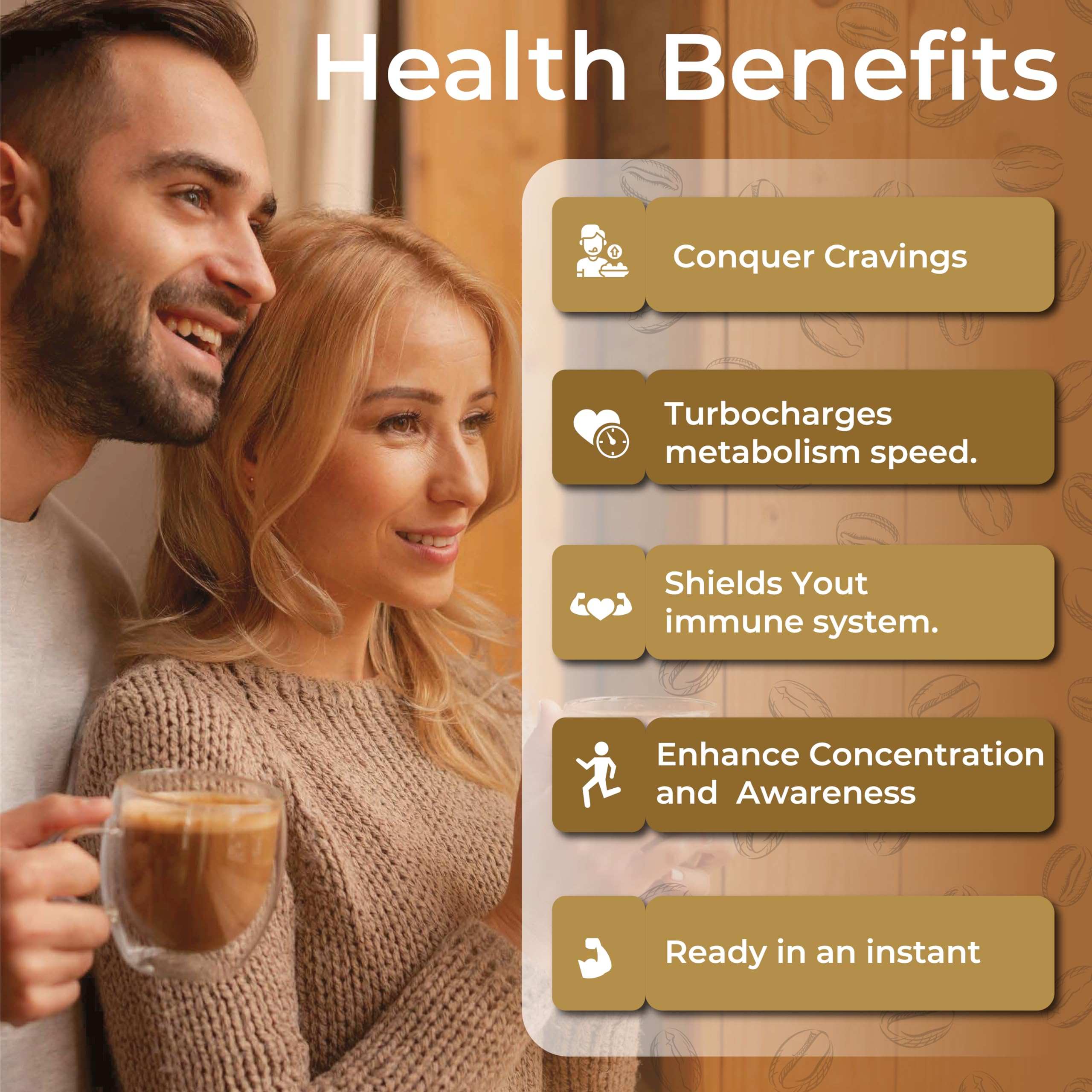 Couple enjoying morning brew next to health benefits infographic highlighting Oladole natural coffee with superfood extracts. Couple enjoying morning brew next to health benefits infographic highlighting Oladole natural coffee with superfood extracts.