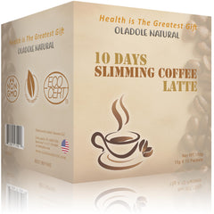 Box of 10 Days Slimming Coffee Latte by Oladole Natural featuring cup graphic and Oladole natural coffee with superfood extracts. Box of 10 Days Slimming Coffee Latte by Oladole Natural featuring cup graphic and Oladole natural coffee with superfood extracts.