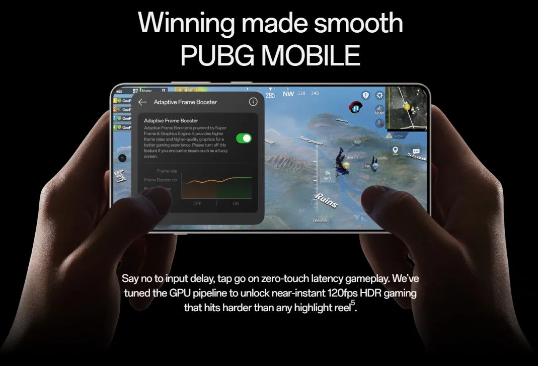 Hands holding OnePlus 13R global version smartphone in landscape showing PUBG MOBILE gameplay and adaptive frame boost Hands holding OnePlus 13R global version smartphone in landscape showing PUBG MOBILE gameplay and adaptive frame boost