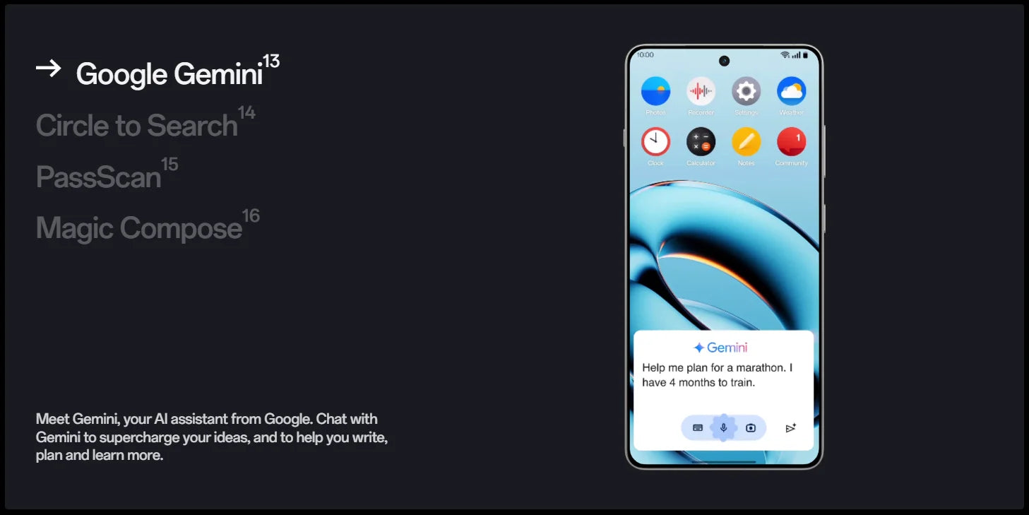 OnePlus 13R global version smartphone displaying home screen and Google Gemini assistant features on a dark promotional background OnePlus 13R global version smartphone displaying home screen and Google Gemini assistant features on a dark promotional background