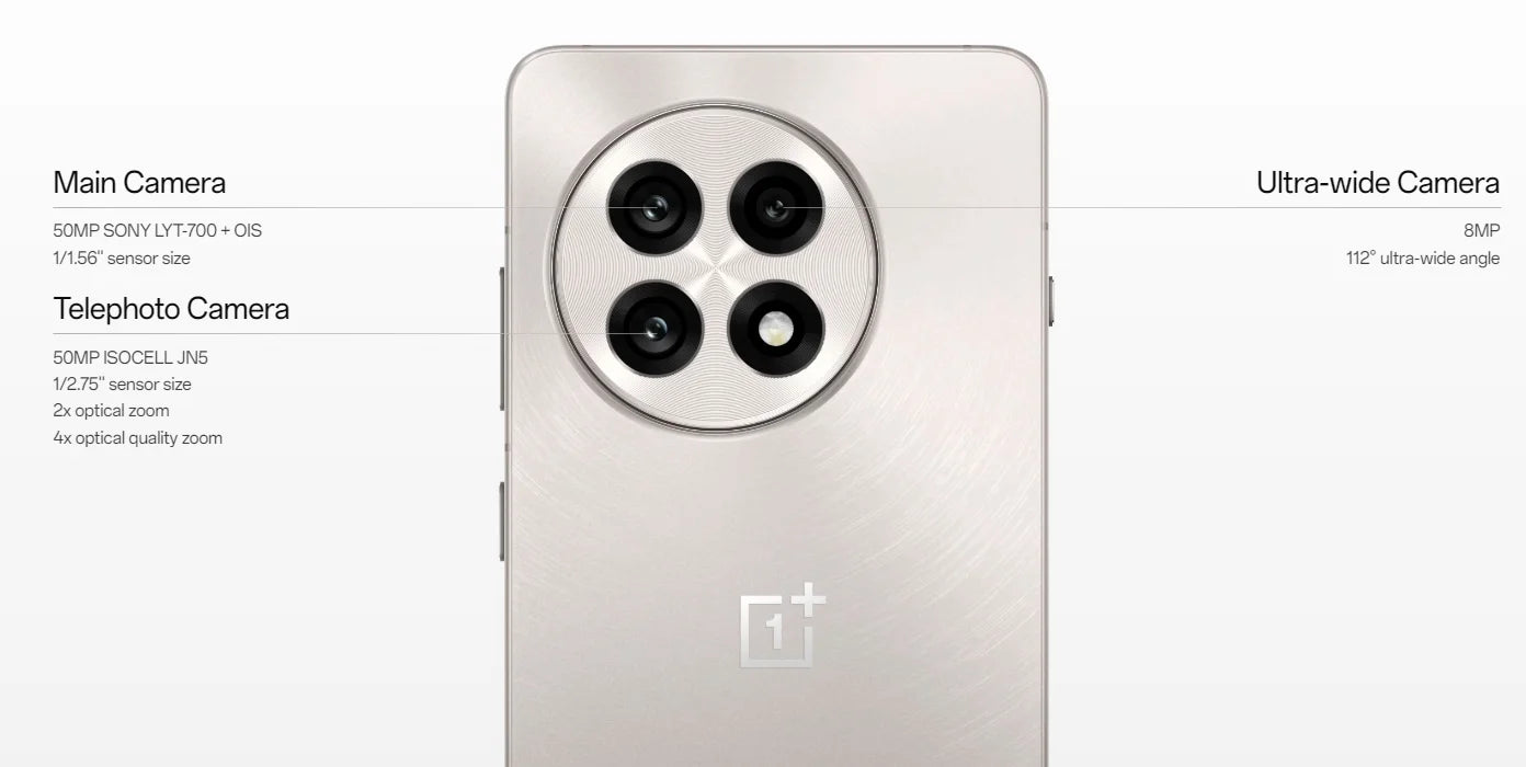 OnePlus 13R global version smartphone rear view in silver with circular quad camera module and OnePlus logo OnePlus 13R global version smartphone rear view in silver with circular quad camera module and OnePlus logo