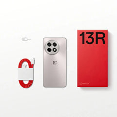 OnePlus 13R global version smartphone with silver back triple camera red charging cable and red 13R box OnePlus 13R global version smartphone with silver back triple camera red charging cable and red 13R box