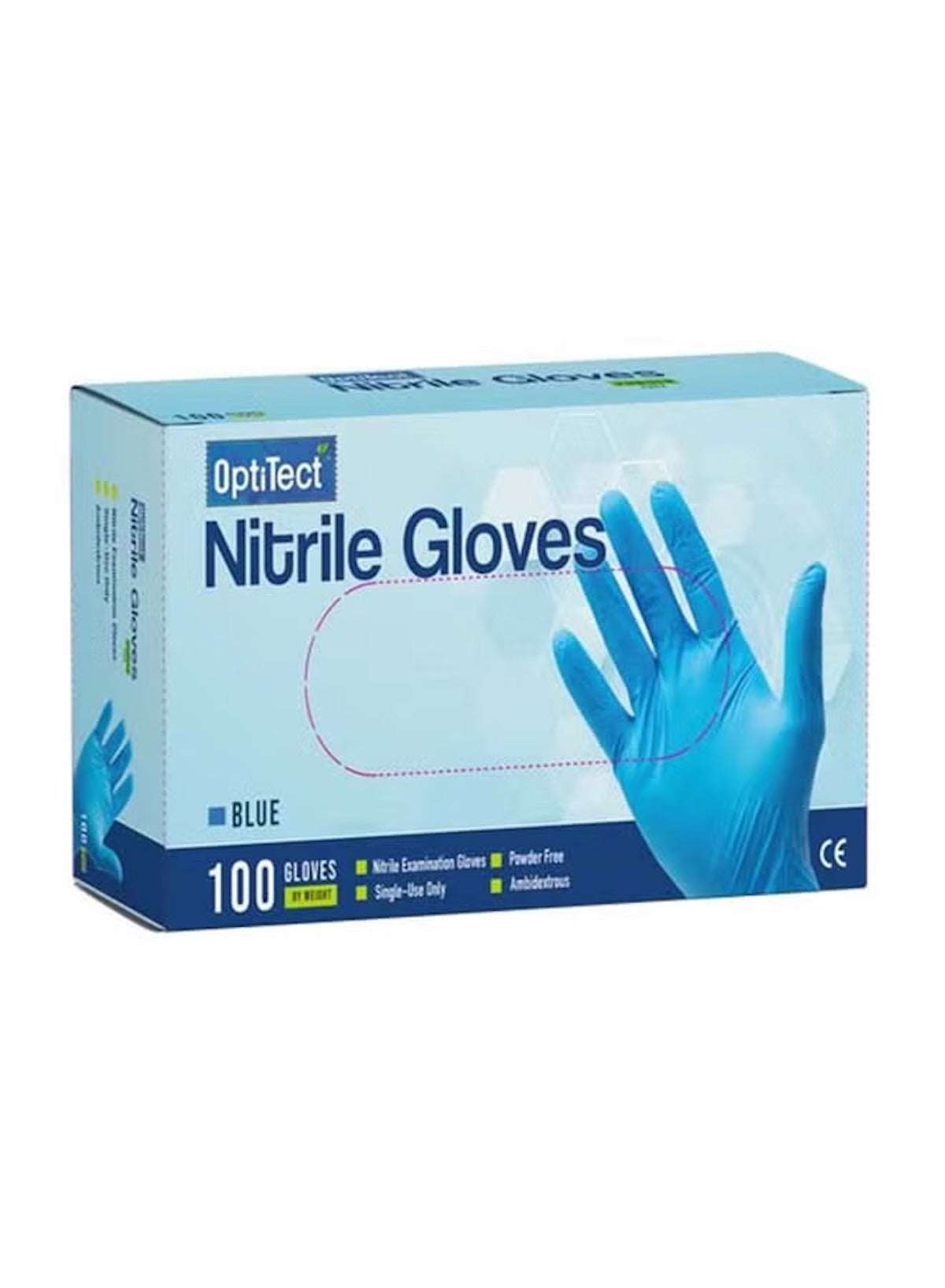 OptiTect Nitrile Gloves Medium 100 Pack in blue, powder-free and single-use for safe handling OptiTect Nitrile Gloves Medium 100 Pack in blue, powder-free and single-use for safe handling