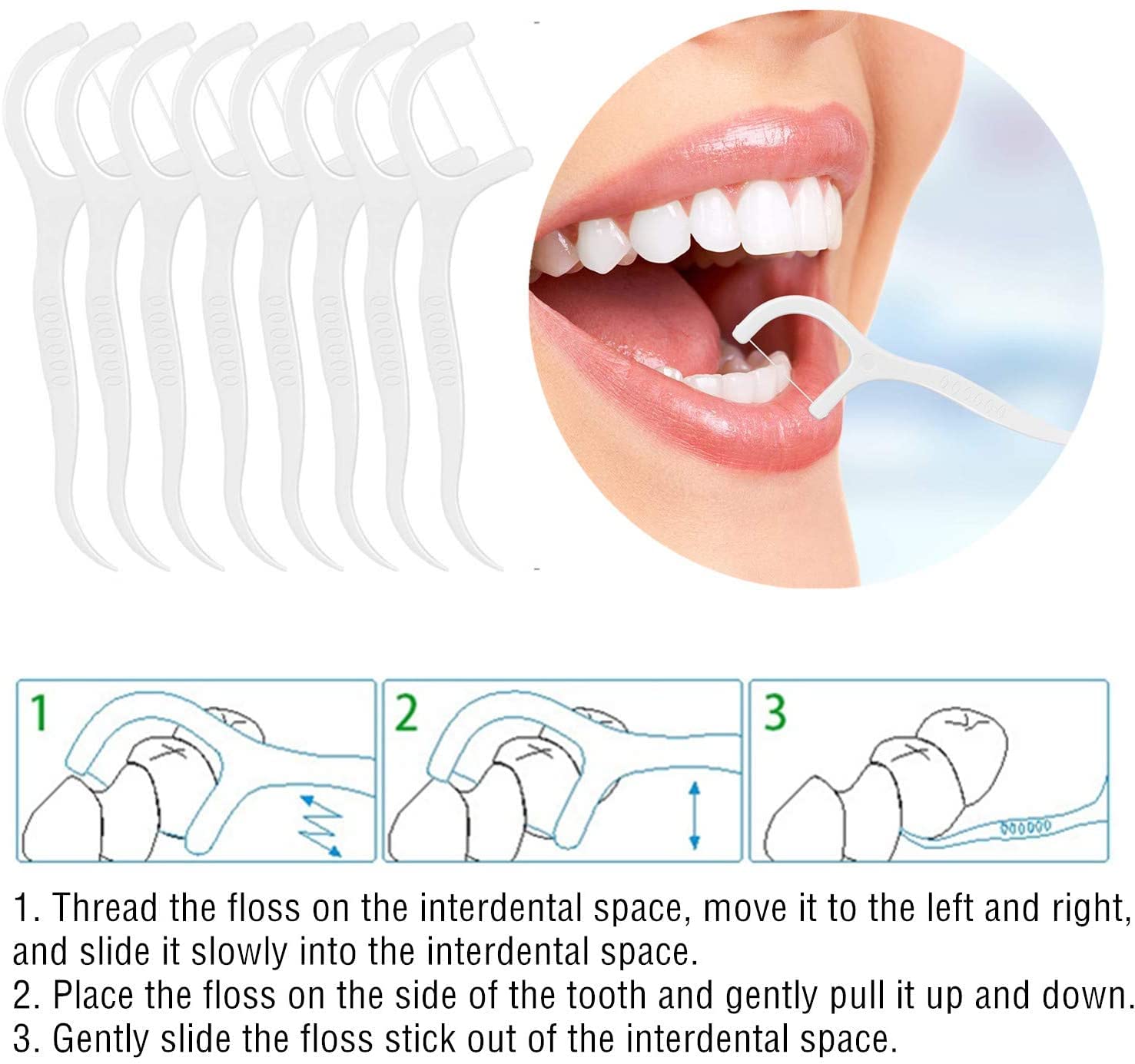 Beibi dental floss picks 160 pcs pack of white flossers with curved handle and image of person using one Beibi dental floss picks 160 pcs pack of white flossers with curved handle and image of person using one