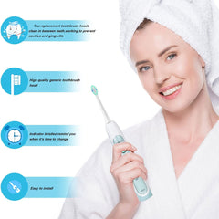 Smiling woman in towel holding electric toothbrush with Sonicare compatible replacement brush heads Smiling woman in towel holding electric toothbrush with Sonicare compatible replacement brush heads