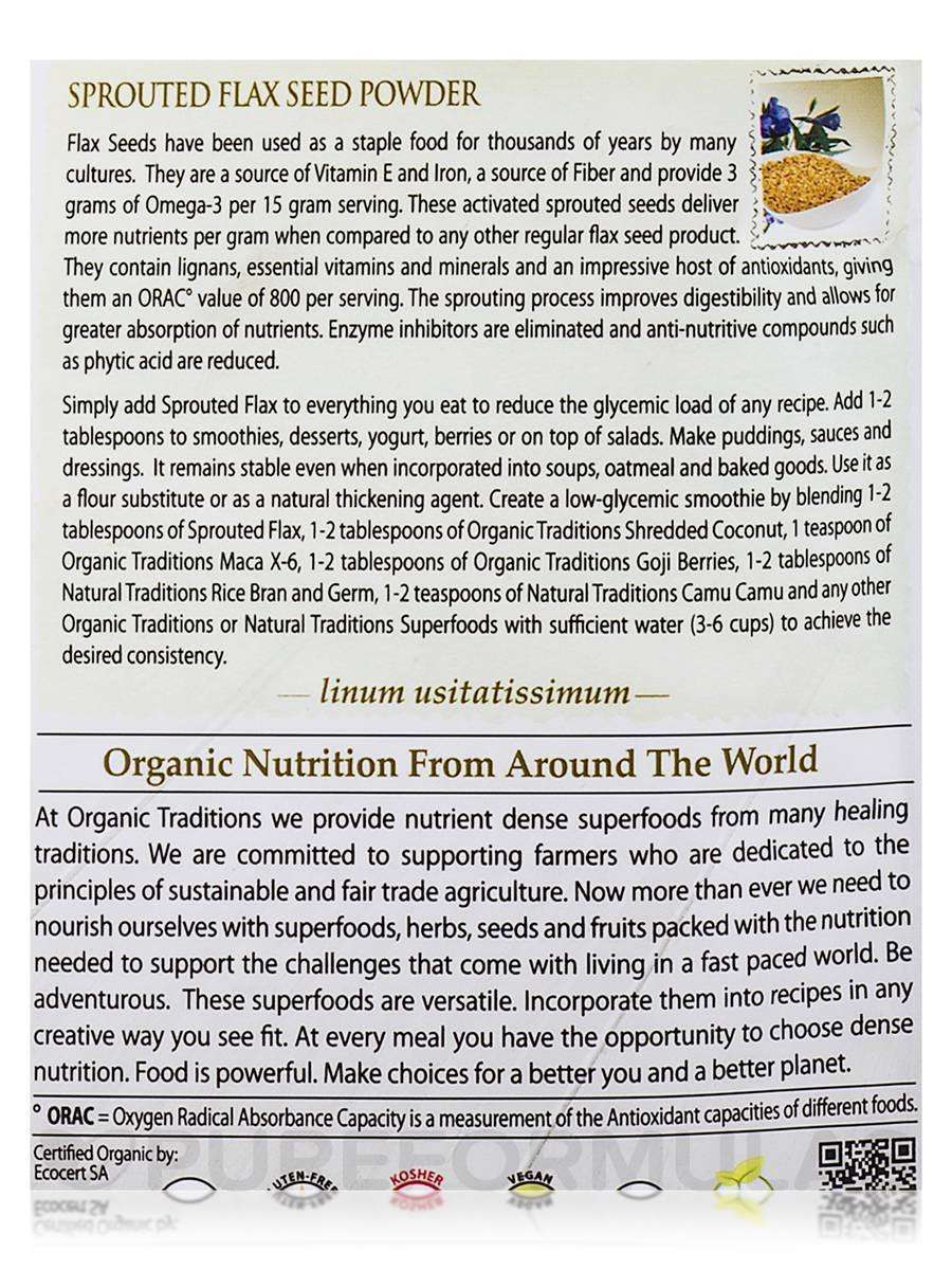 Organic Traditions sprouted organic flax seed powder label showing usage directions and benefits Organic Traditions sprouted organic flax seed powder label showing usage directions and benefits
