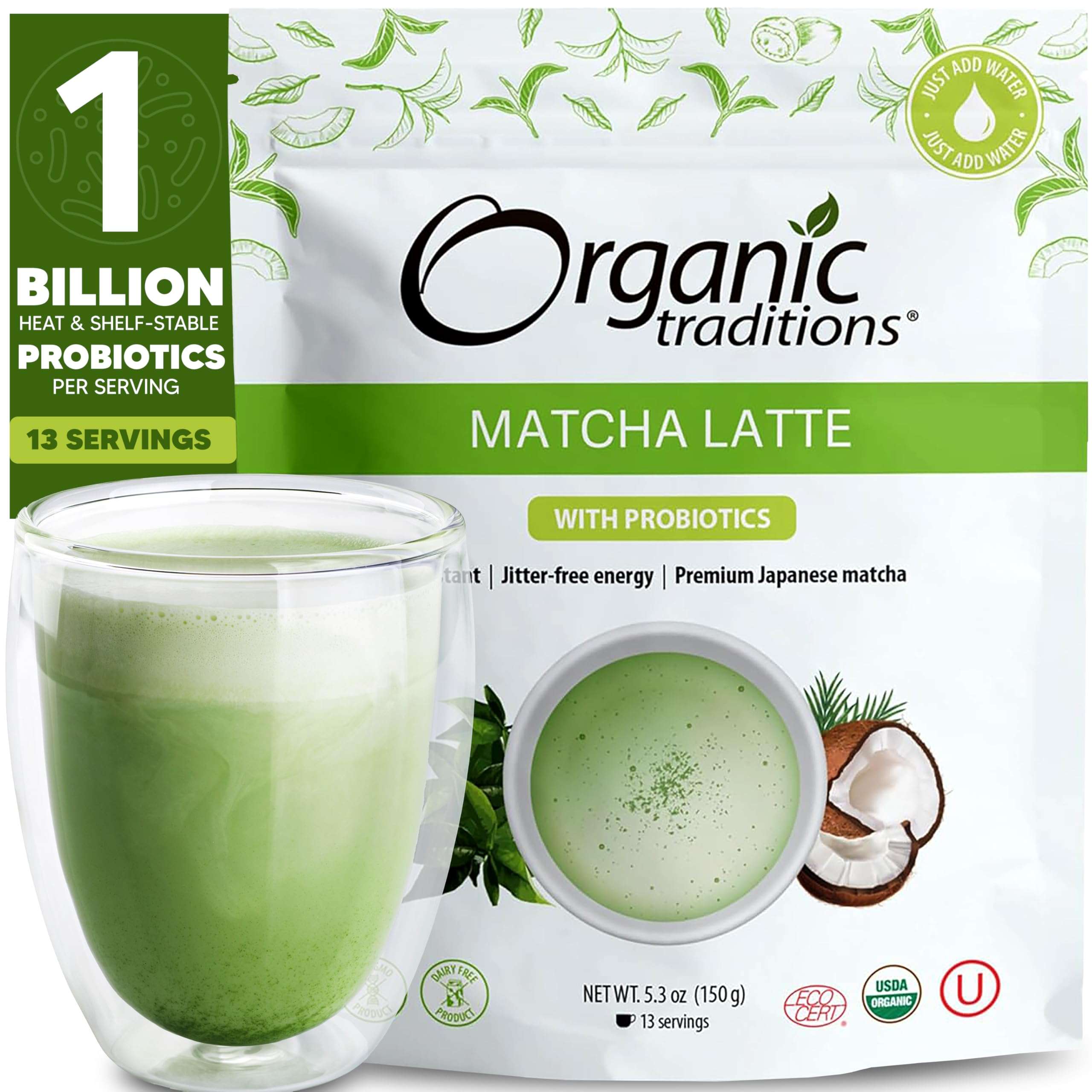 Organic Traditions matcha pouch and glass of creamy green drink organic matcha latte with probiotics and coconut Organic Traditions matcha pouch and glass of creamy green drink organic matcha latte with probiotics and coconut