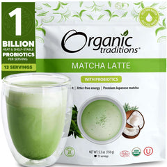 Organic Traditions matcha pouch and glass of creamy green drink organic matcha latte with probiotics and coconut Organic Traditions matcha pouch and glass of creamy green drink organic matcha latte with probiotics and coconut