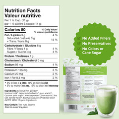 Organic Traditions pouch and glass with nutrition facts and no fillers label for organic matcha latte with probiotics Organic Traditions pouch and glass with nutrition facts and no fillers label for organic matcha latte with probiotics