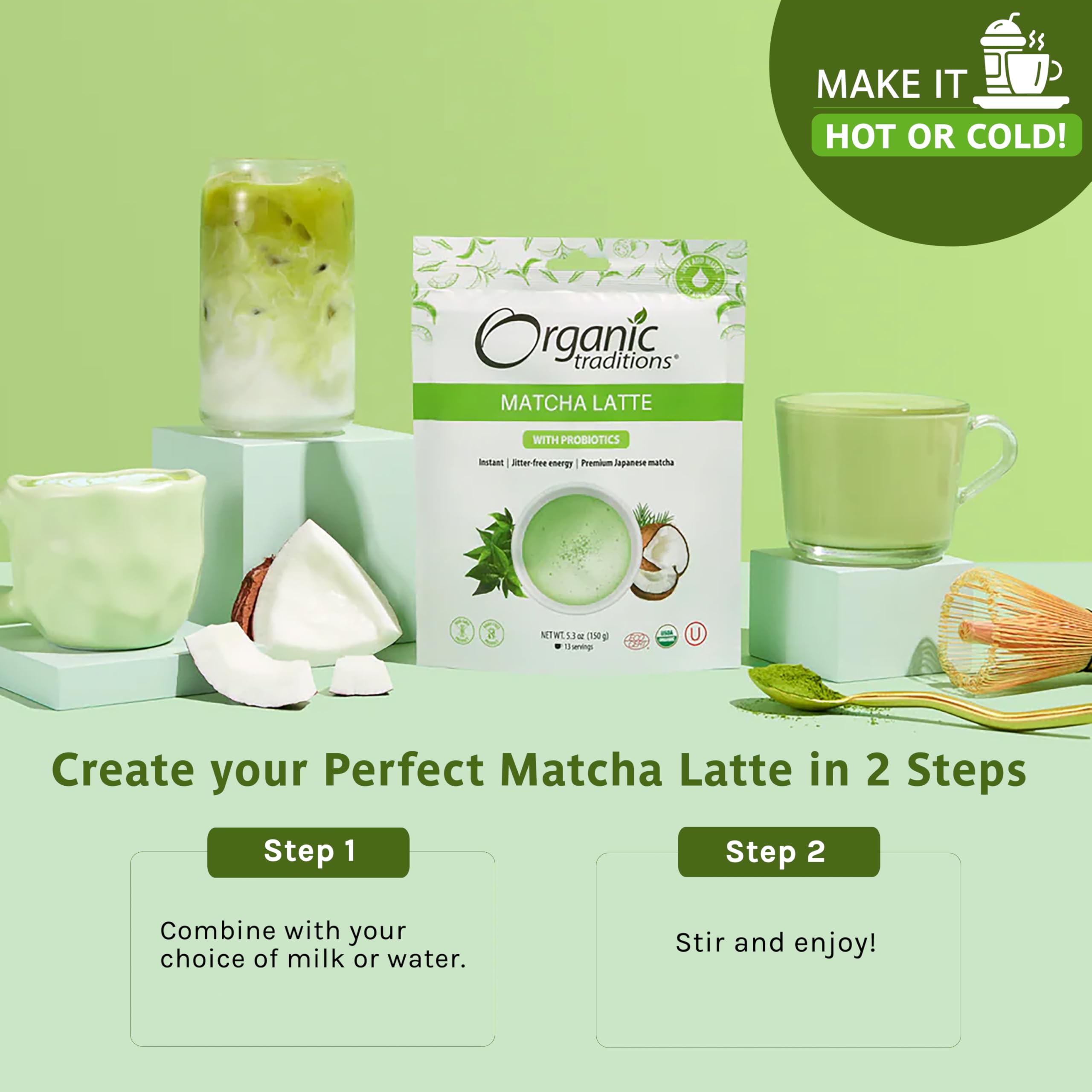 Organic Traditions pouch with glass cups, whisk, coconut, iced and hot drinks, organic matcha latte with probiotics Organic Traditions pouch with glass cups, whisk, coconut, iced and hot drinks, organic matcha latte with probiotics