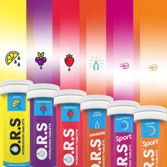 ORS hydration tablets lemon flavor tube alongside assorted fruit flavor tubes for fast electrolyte rehydration ORS hydration tablets lemon flavor tube alongside assorted fruit flavor tubes for fast electrolyte rehydration