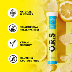 ORS hydration tablets lemon flavor tube on yellow background with lemon slices ice and icons for vegan and gluten free ORS hydration tablets lemon flavor tube on yellow background with lemon slices ice and icons for vegan and gluten free