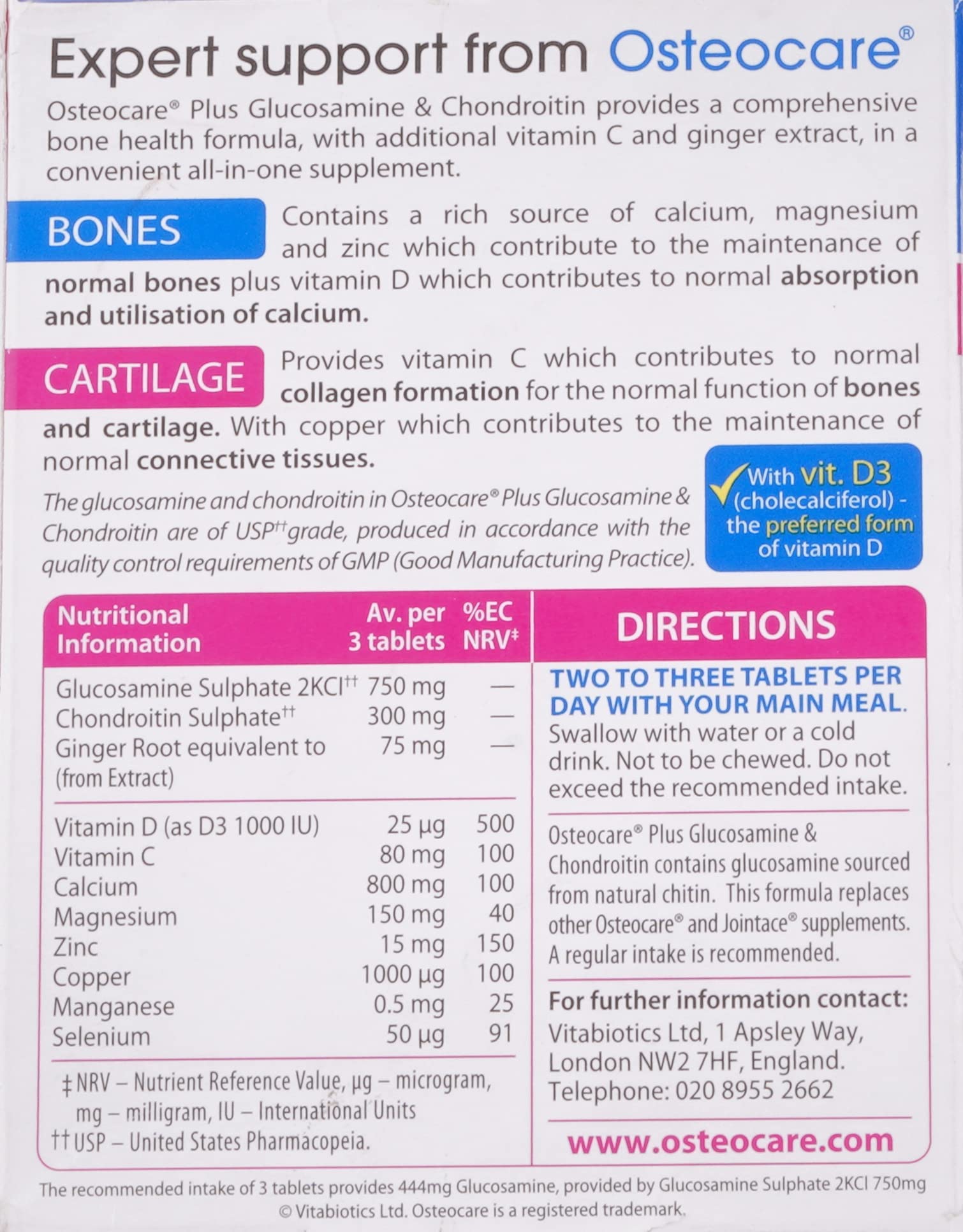 Osteocare box front showing ingredients and directions Vitabiotics joint support supplement 60 tablets Osteocare box front showing ingredients and directions Vitabiotics joint support supplement 60 tablets