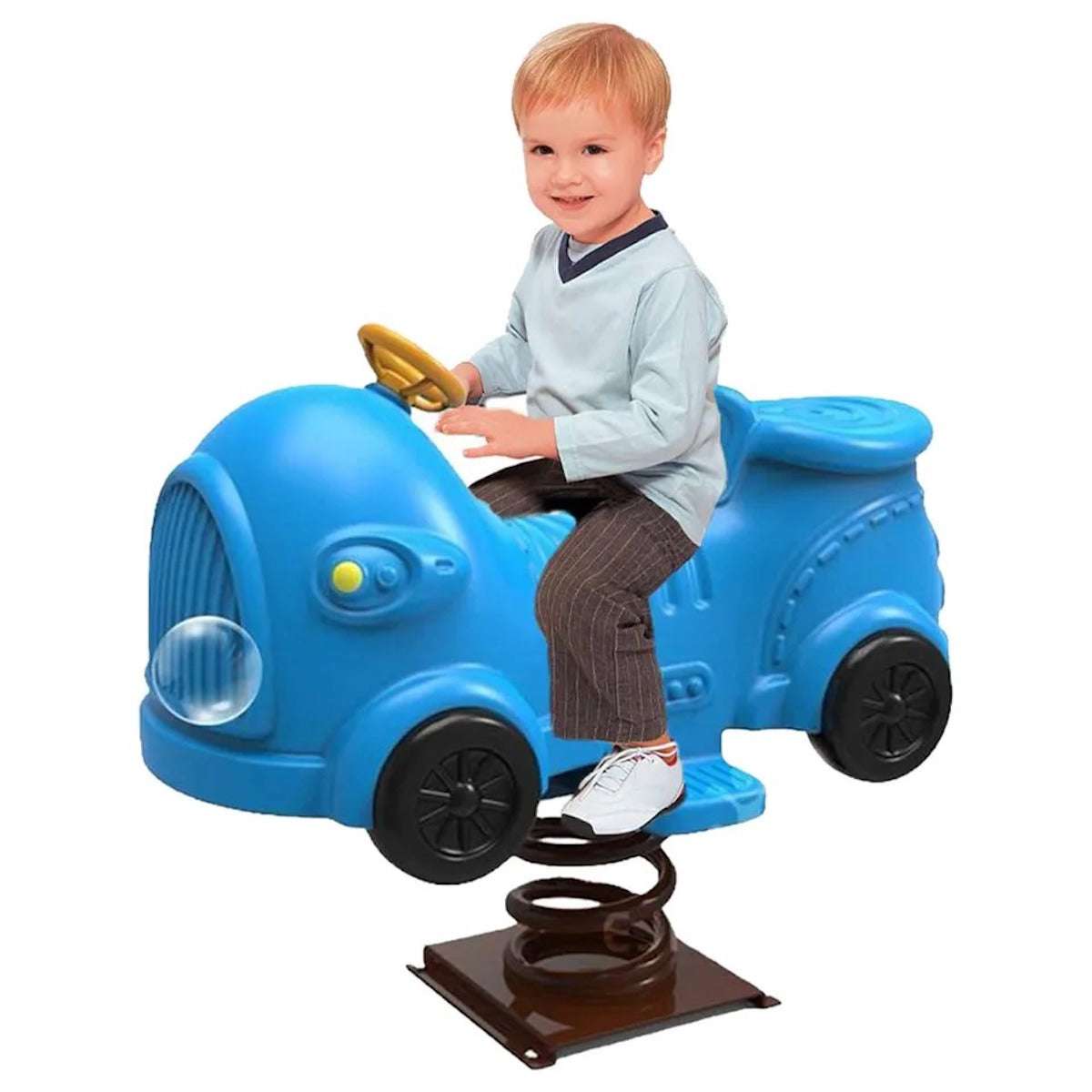 Huitich outdoor baby car spring rider in blue with a child seated, perfect for playground fun Huitich outdoor baby car spring rider in blue with a child seated, perfect for playground fun