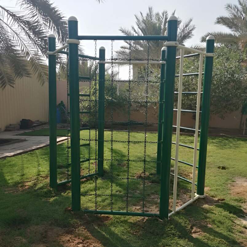 Huitich wooden metal rope climbing frame for kids with green and white structure on grass Huitich wooden metal rope climbing frame for kids with green and white structure on grass