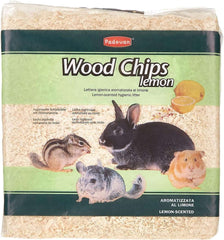 Padovan lemon scented wood chips bedding for small pets like rabbits and hamsters in a clear package Padovan lemon scented wood chips bedding for small pets like rabbits and hamsters in a clear package