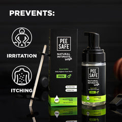 PEESAFE natural intimate wash for men foaming bottle and box on black surface showing prevents irritation and itching PEESAFE natural intimate wash for men foaming bottle and box on black surface showing prevents irritation and itching
