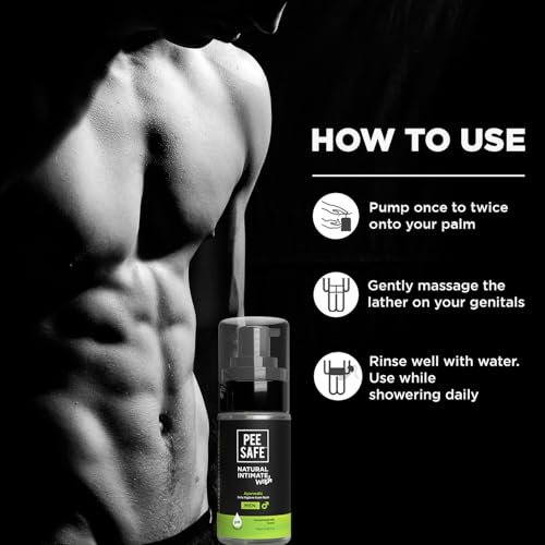 PEESAFE bottle beside shirtless male torso with usage instructions for natural intimate wash for men PEESAFE bottle beside shirtless male torso with usage instructions for natural intimate wash for men