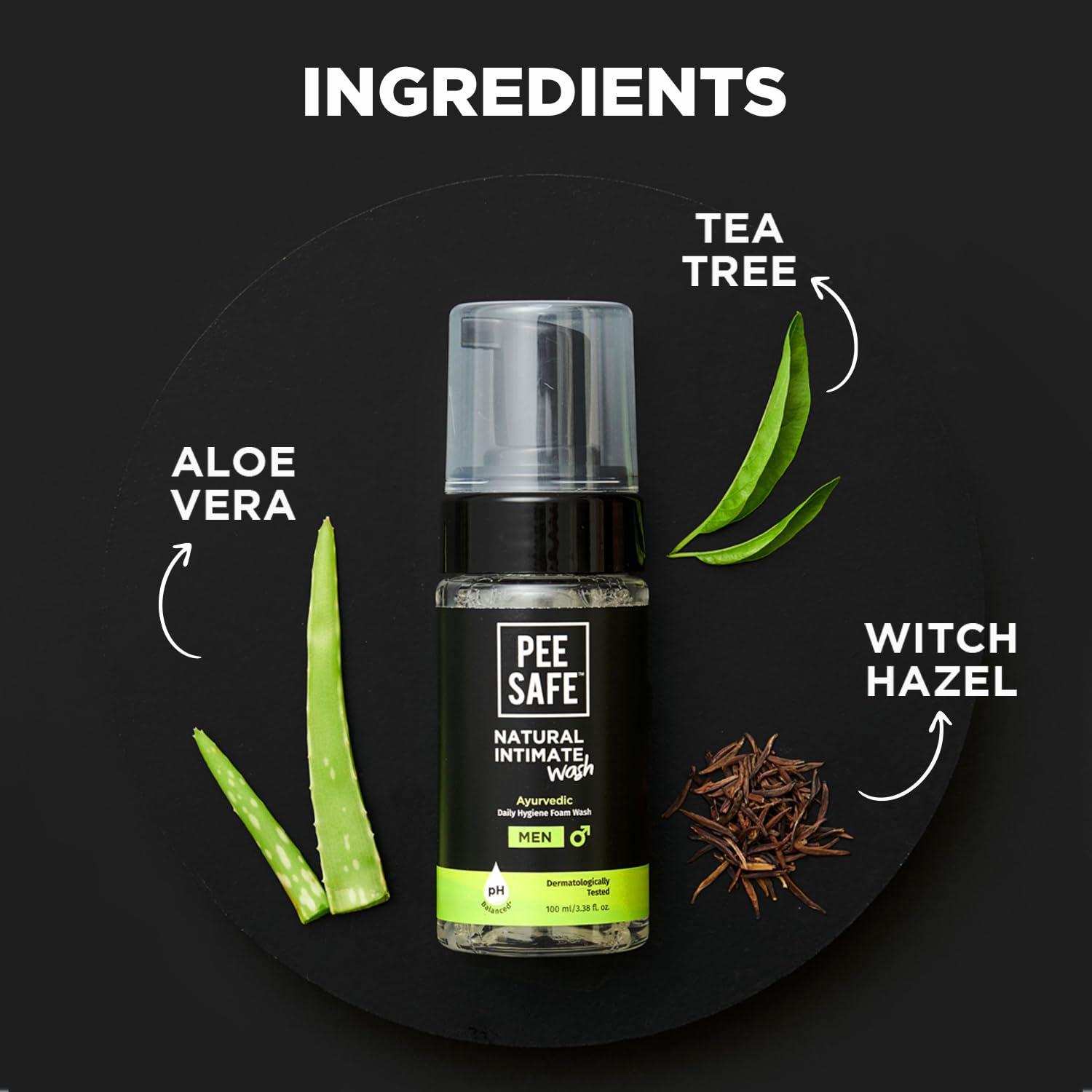 PEESAFE bottle with aloe vera tea tree and witch hazel ingredients natural intimate wash for men on black background PEESAFE bottle with aloe vera tea tree and witch hazel ingredients natural intimate wash for men on black background