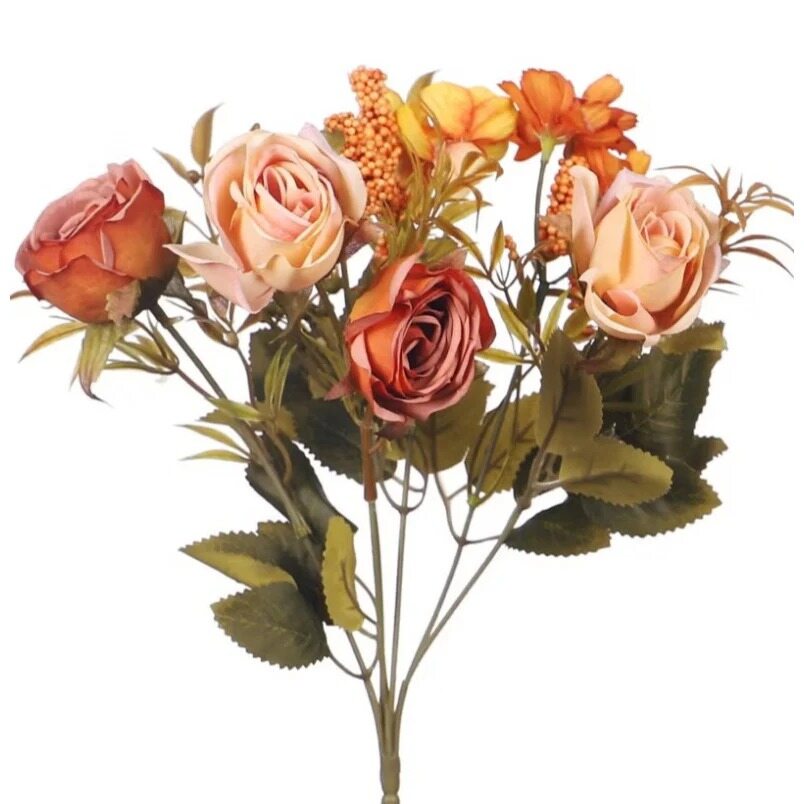 Huitich pink faux rose bunch for home decor with mixed orange and peach artificial flowers Huitich pink faux rose bunch for home decor with mixed orange and peach artificial flowers