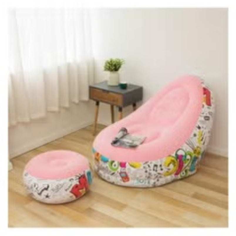 Huitich pink inflatable lounge chair with colorful patterned base and matching round ottoman Huitich pink inflatable lounge chair with colorful patterned base and matching round ottoman
