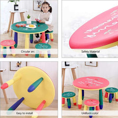 Huitich plastic study table for toddlers with colorful round top and matching stools in playroom Huitich plastic study table for toddlers with colorful round top and matching stools in playroom