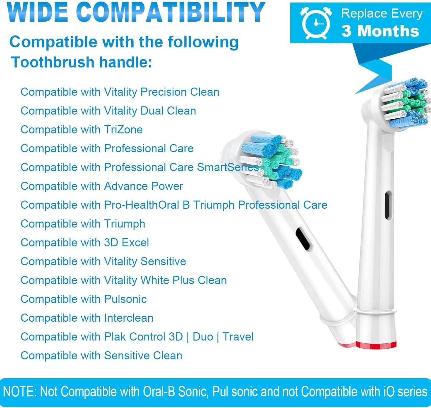 Vaymeboo Oral B compatible replacement toothbrush heads two white brush heads with blue green bristles Vaymeboo Oral B compatible replacement toothbrush heads two white brush heads with blue green bristles