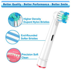 Vaymeboo Oral B compatible replacement toothbrush heads showing soft end rounded DuPont nylon bristles and precision clean Vaymeboo Oral B compatible replacement toothbrush heads showing soft end rounded DuPont nylon bristles and precision clean