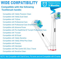 Vaymeboo pack of Oral B compatible replacement toothbrush heads showing two white brush heads and compatibility list Vaymeboo pack of Oral B compatible replacement toothbrush heads showing two white brush heads and compatibility list