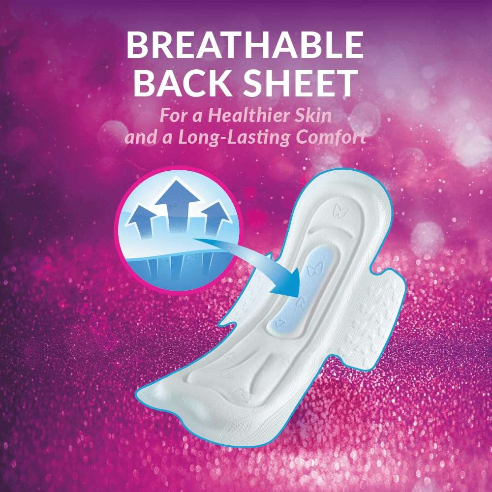 maxi night sanitary pads UAE showing breathable back sheet on pad over pink background for skin comfort maxi night sanitary pads UAE showing breathable back sheet on pad over pink background for skin comfort