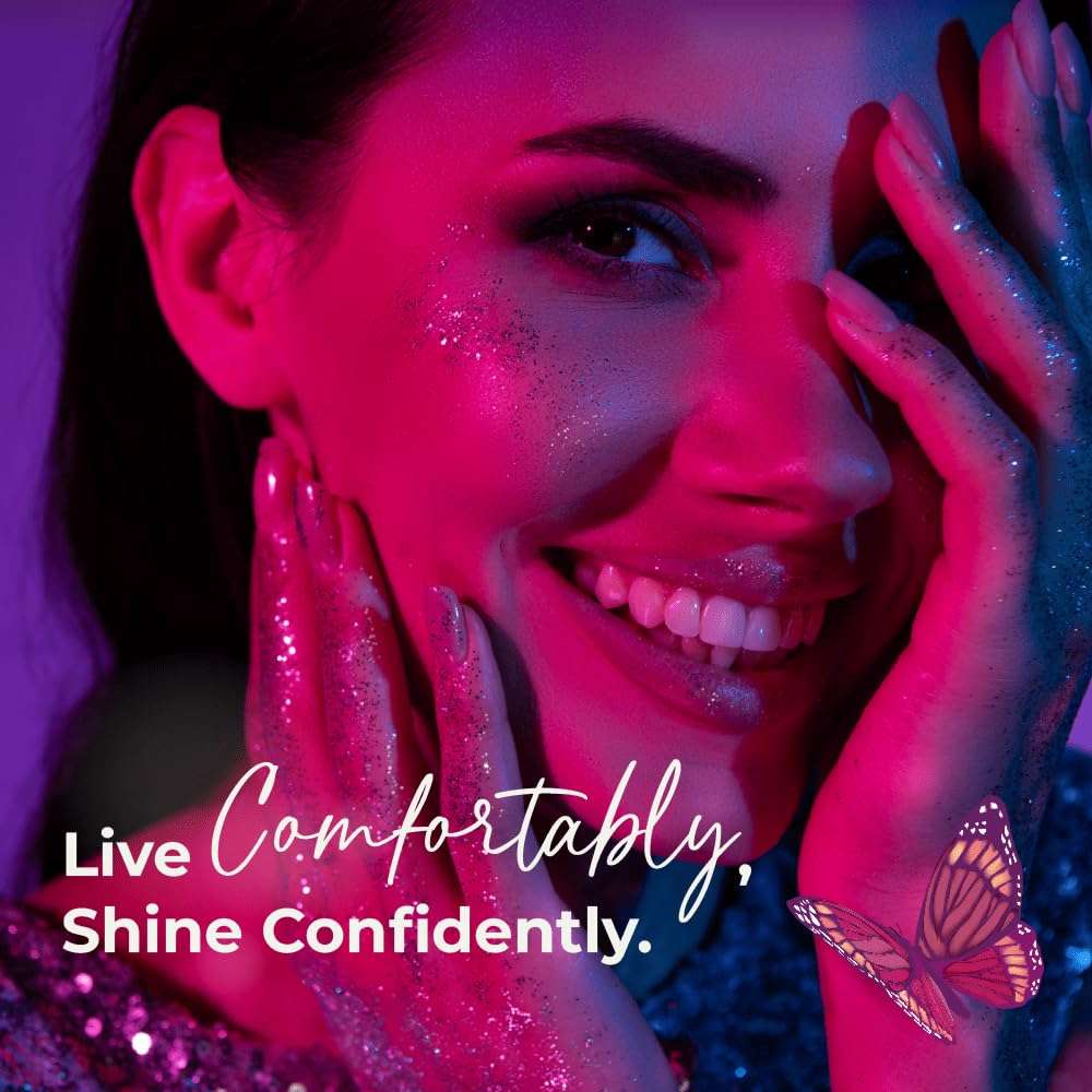 Smiling woman with glitter under pink neon lights promoting maxi night sanitary pads UAE for comfortable overnight protection Smiling woman with glitter under pink neon lights promoting maxi night sanitary pads UAE for comfortable overnight protection