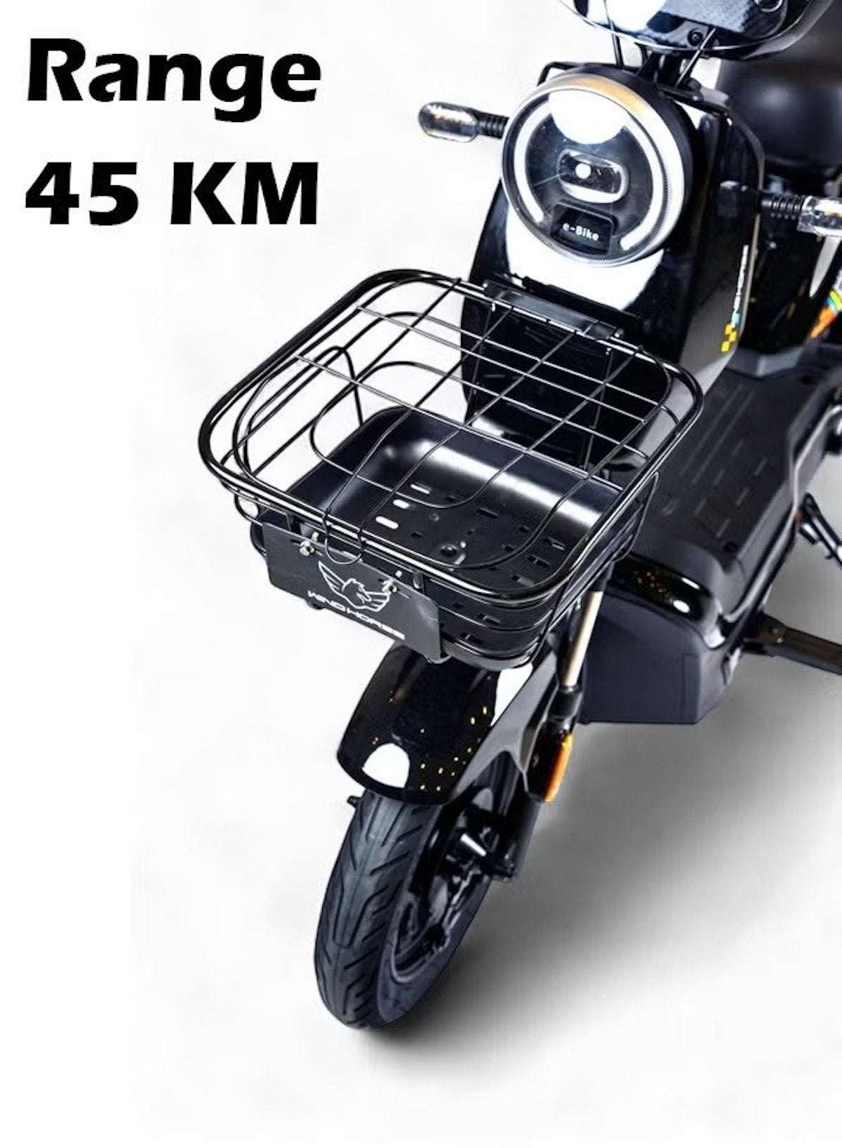 WIND HORSE M6 electric bike front view with metal cargo basket round headlight and 45 KM range WIND HORSE M6 electric bike front view with metal cargo basket round headlight and 45 KM range