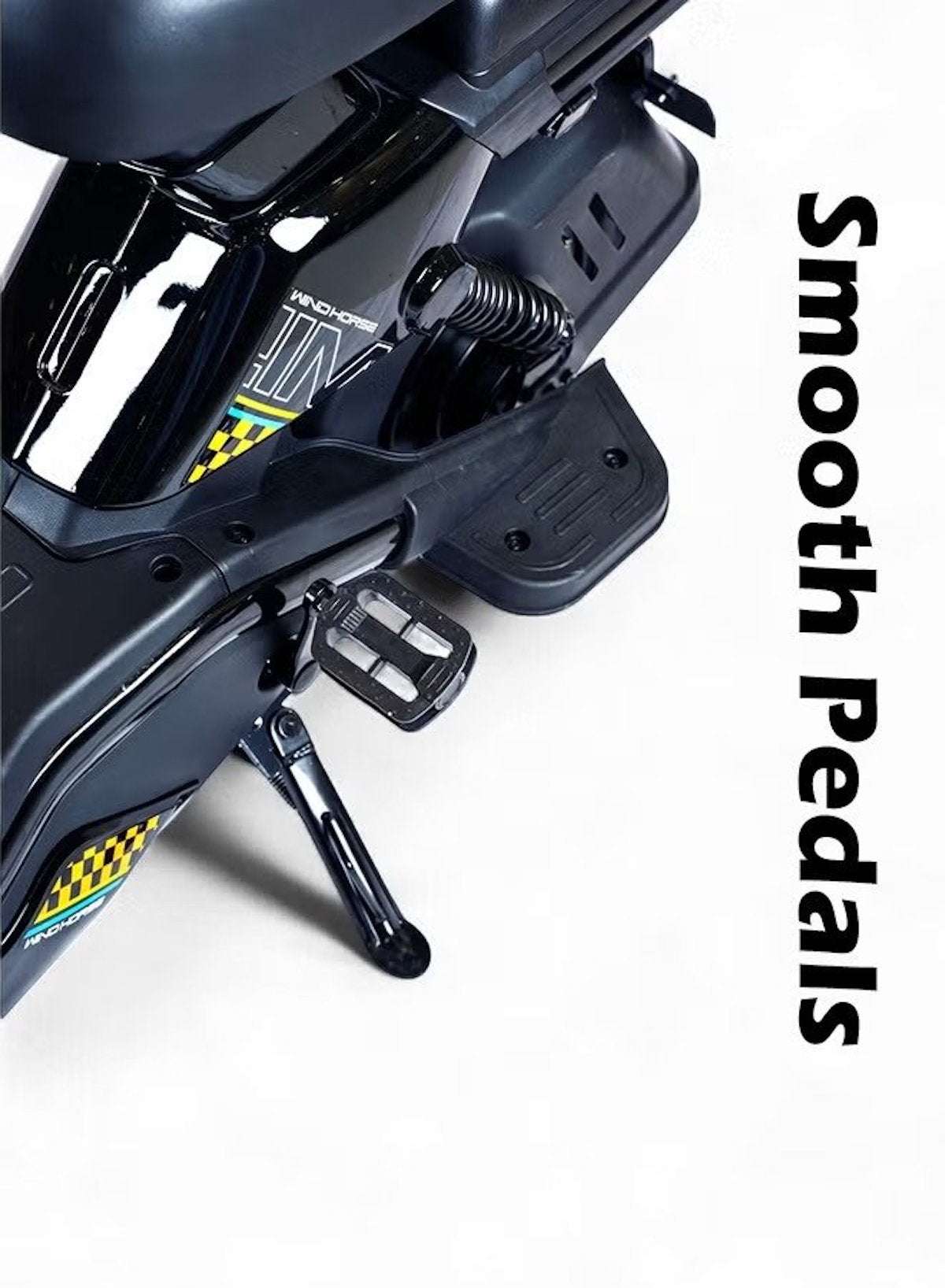 Close up of WIND HORSE M6 electric bike foot pedals and side stand with black frame and suspension Close up of WIND HORSE M6 electric bike foot pedals and side stand with black frame and suspension
