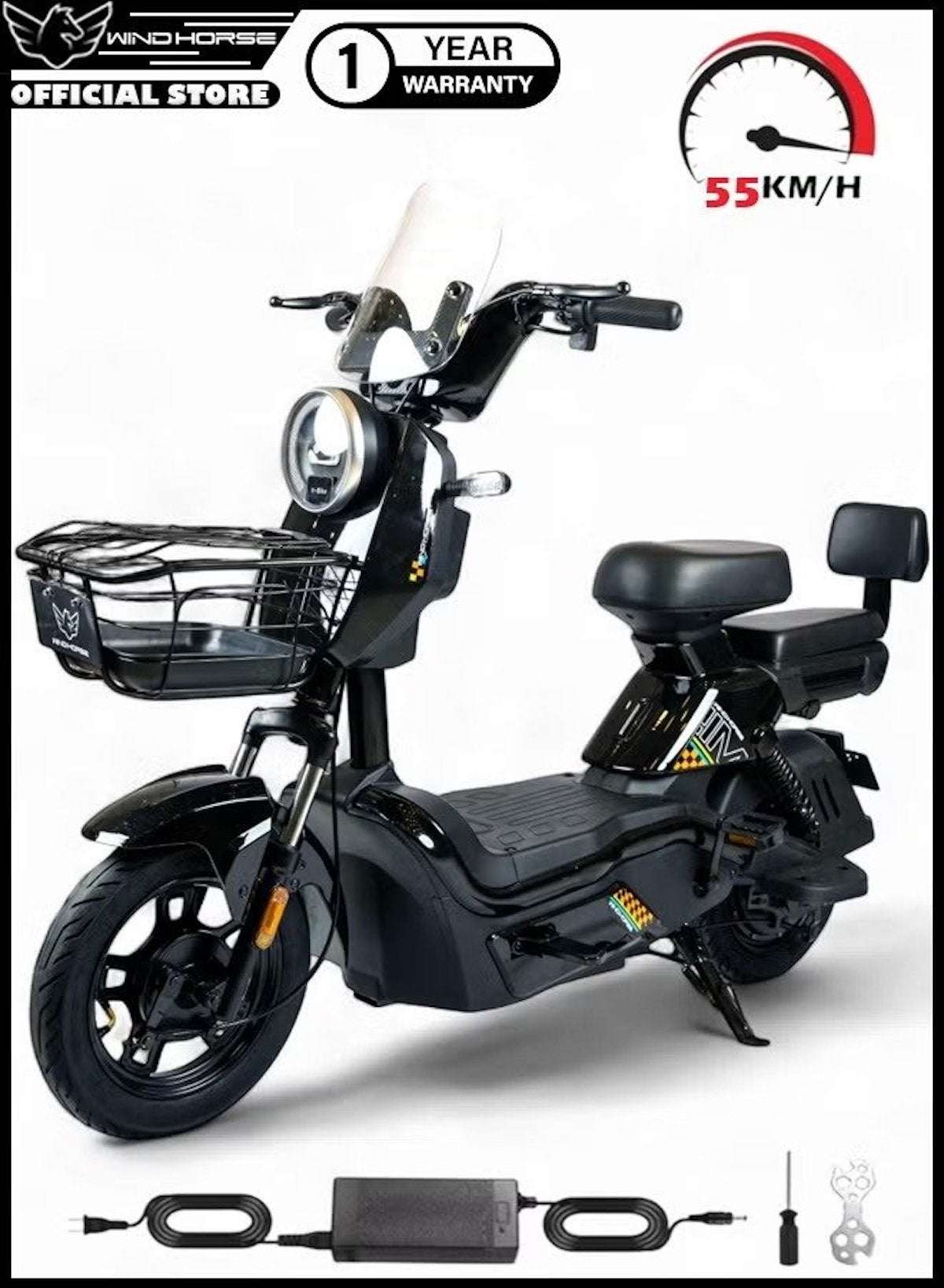 WIND HORSE M6 electric bike in black with front basket windshield passenger backrest and charger included WIND HORSE M6 electric bike in black with front basket windshield passenger backrest and charger included