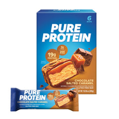 Pure Protein protein bar chocolate salted caramel box with wrapped bar showing caramel drizzle and chocolate pieces Pure Protein protein bar chocolate salted caramel box with wrapped bar showing caramel drizzle and chocolate pieces