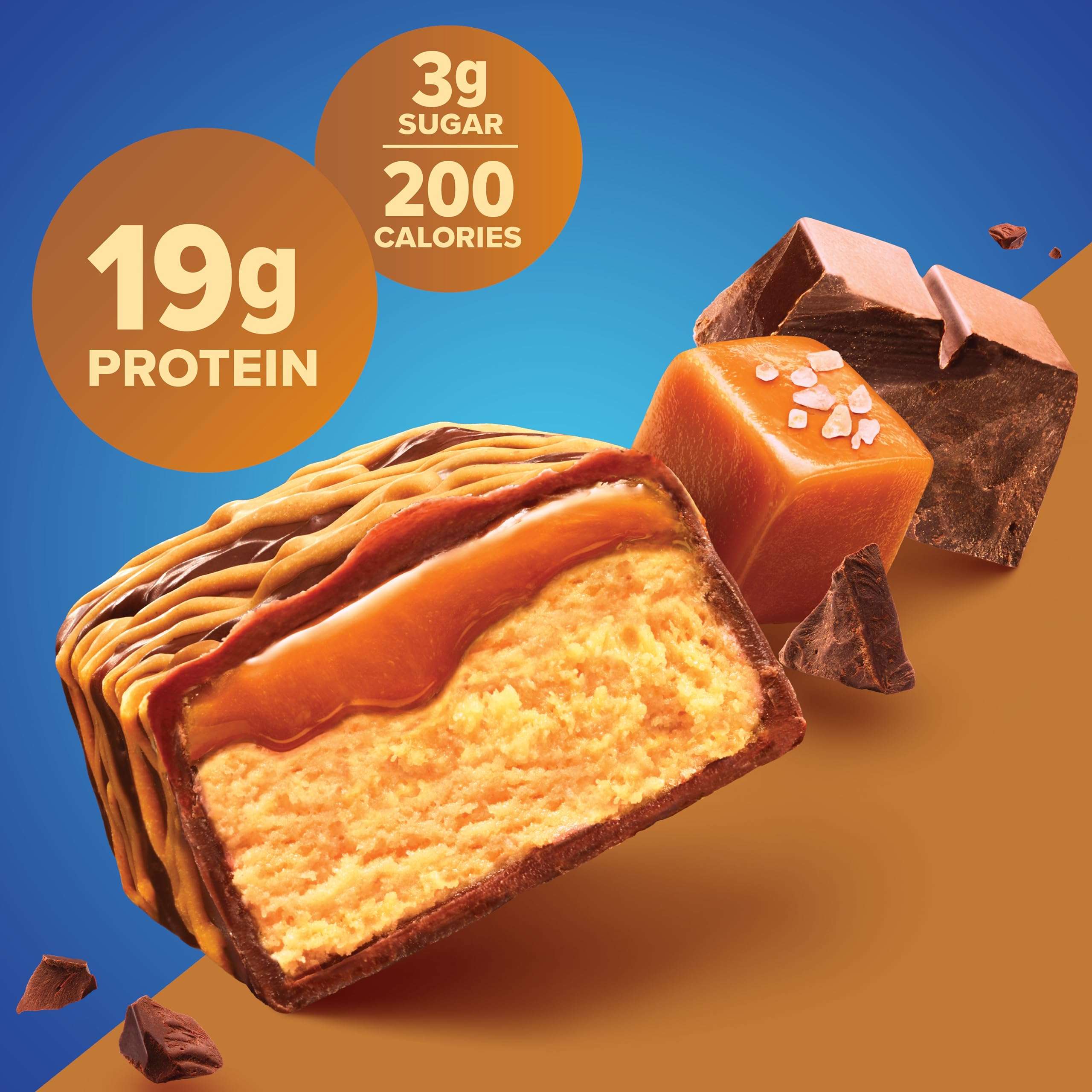 Pure Protein protein bar chocolate salted caramel with caramel drizzle chocolate chunks and 19g protein label Pure Protein protein bar chocolate salted caramel with caramel drizzle chocolate chunks and 19g protein label