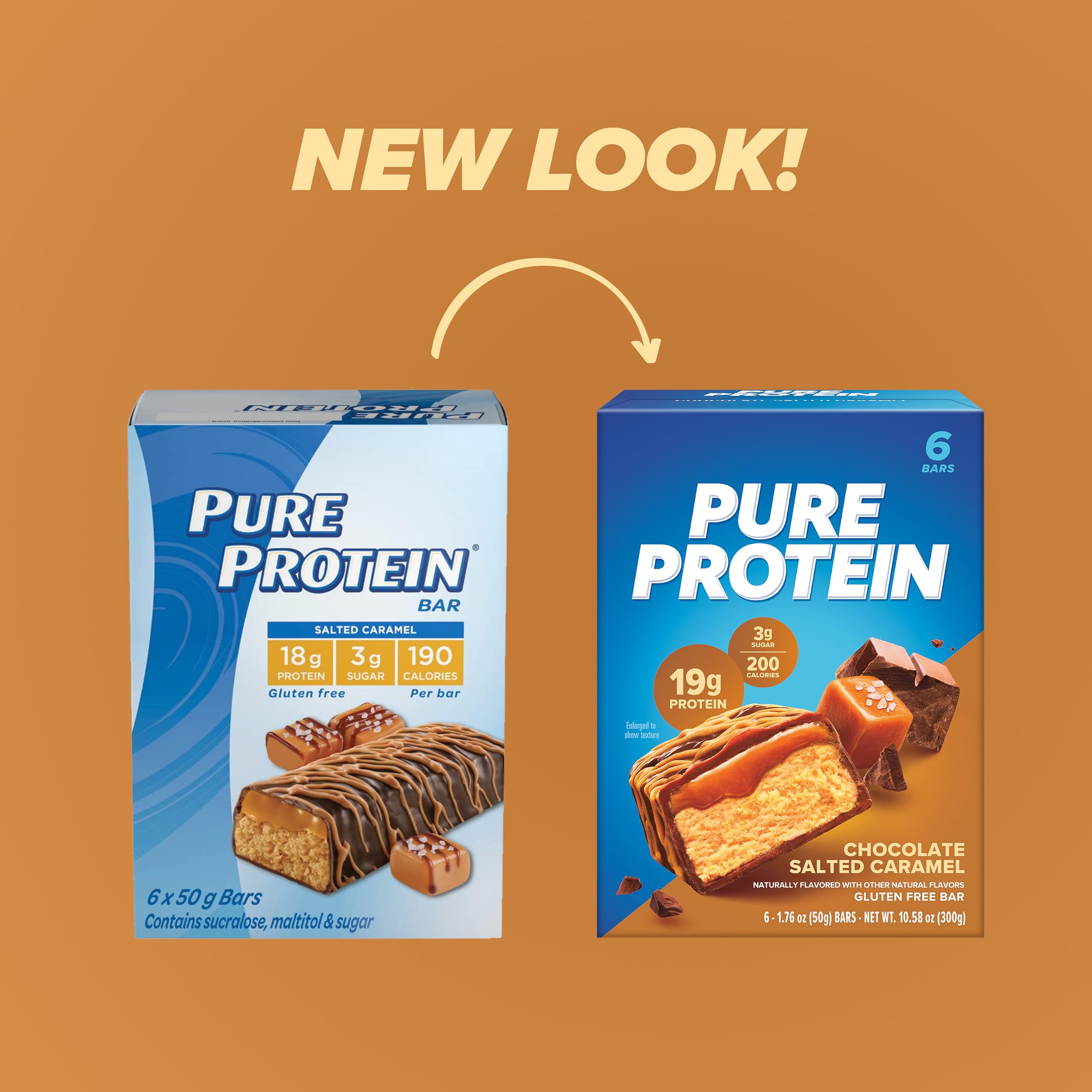 Pure Protein packaging update showing old and new boxes of protein bar chocolate salted caramel side by side Pure Protein packaging update showing old and new boxes of protein bar chocolate salted caramel side by side