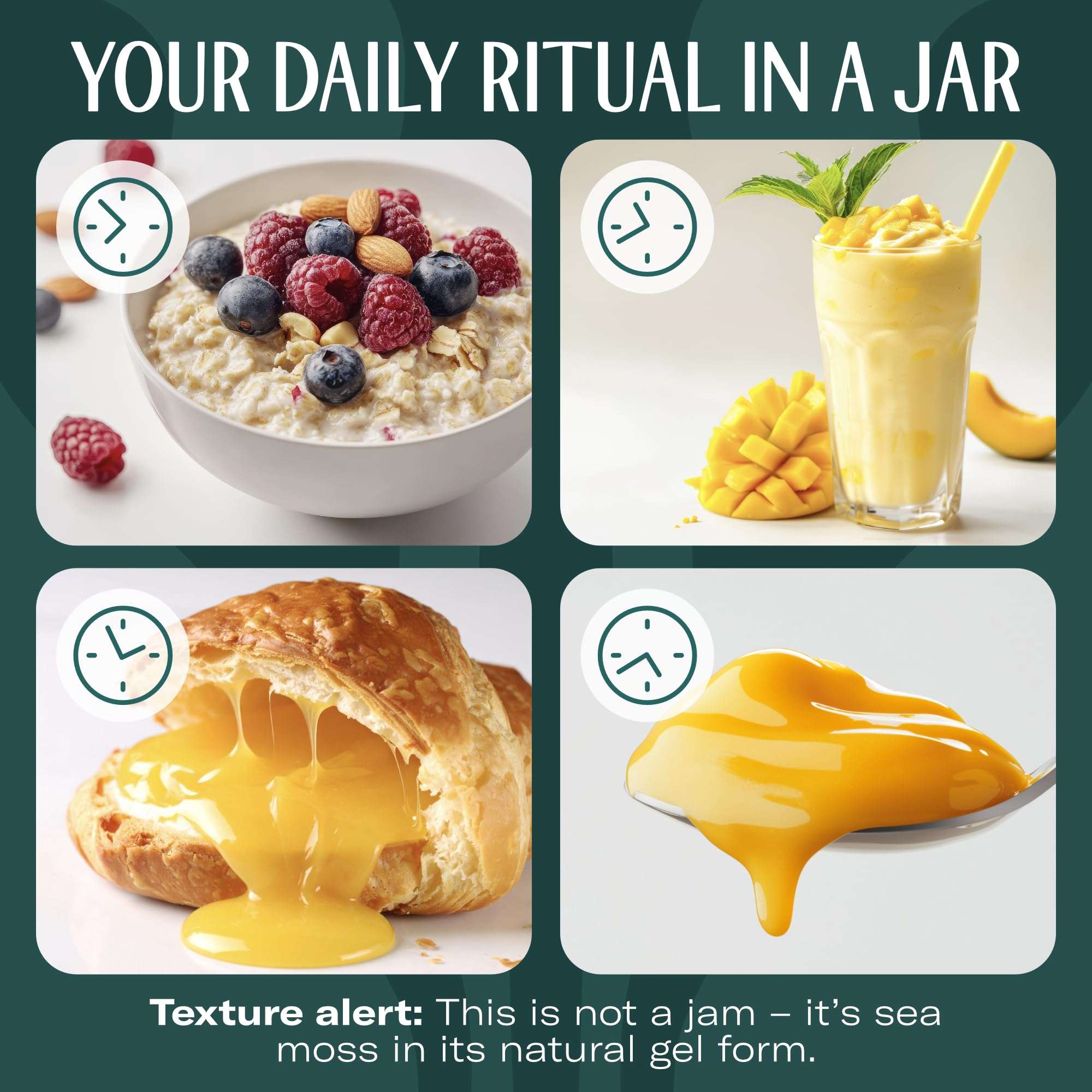 TrueSeaMoss sea moss gel mango pineapple collage with mango smoothie croissant with gooey filling spoon and oatmeal bowl TrueSeaMoss sea moss gel mango pineapple collage with mango smoothie croissant with gooey filling spoon and oatmeal bowl